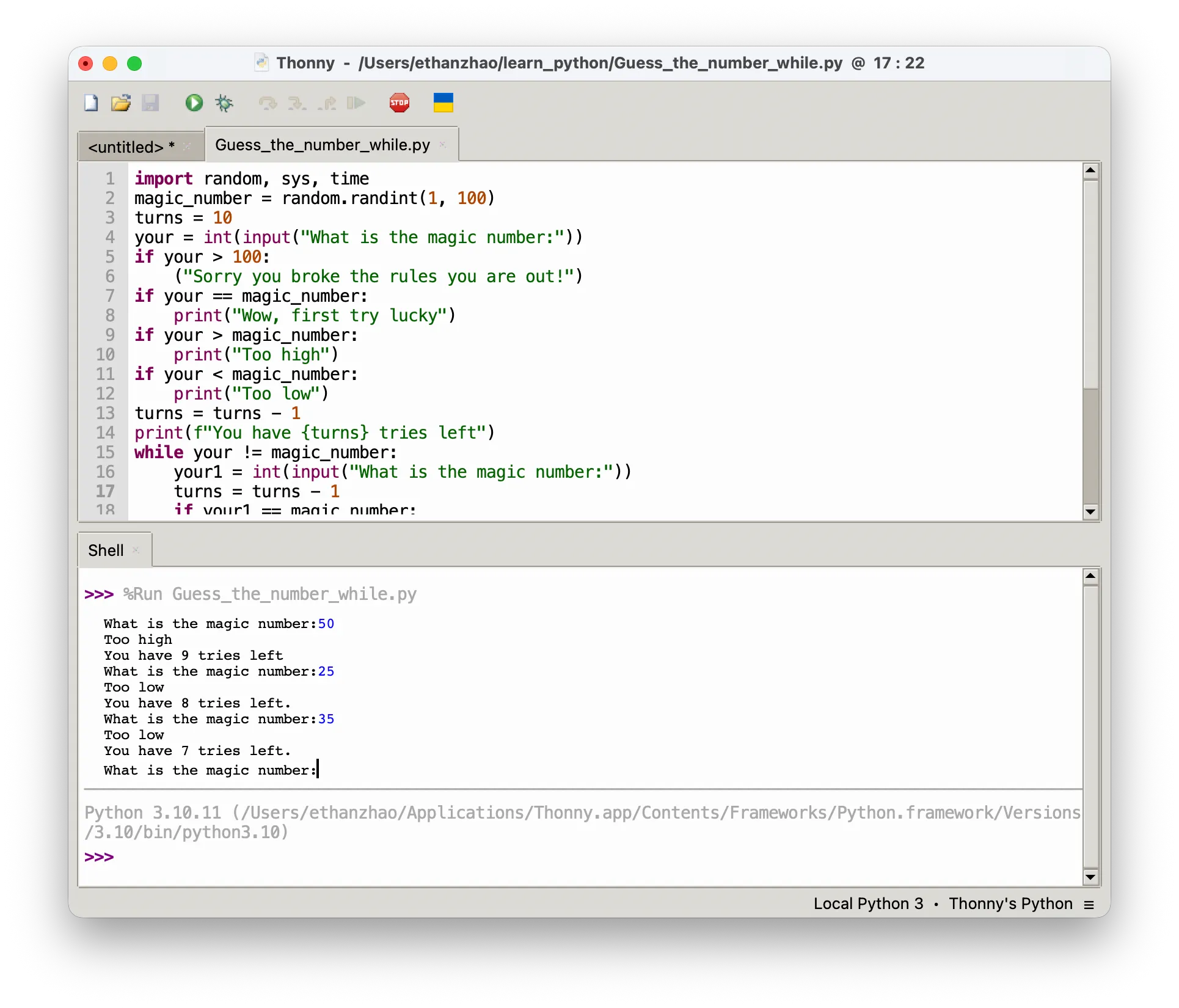 Screenshot of the Thonny Python editor