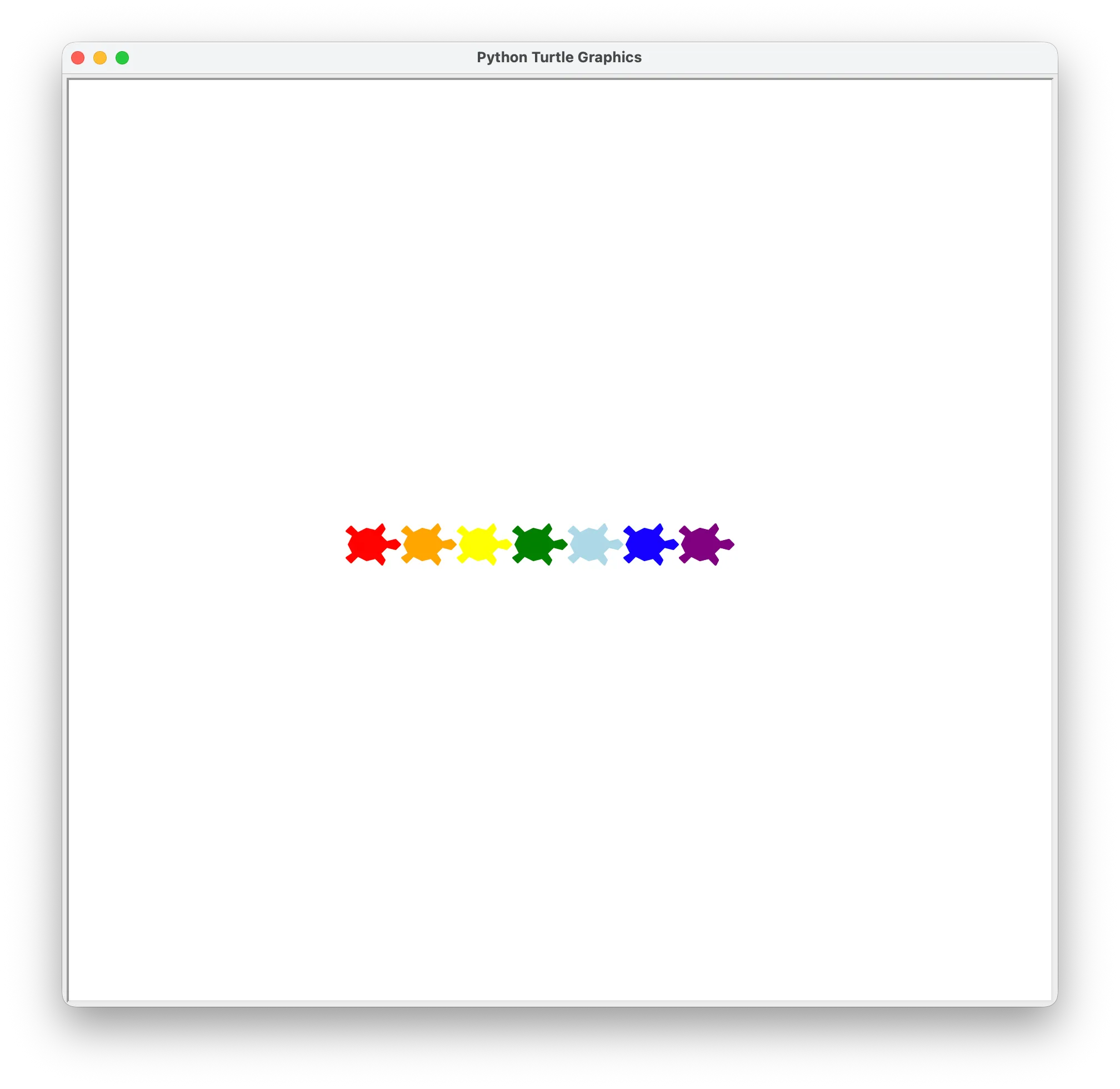 Python Turtle Graphics window showing seven rainbow turtles in a row